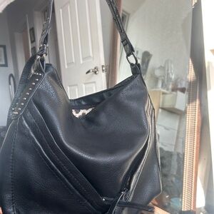 Black Leather Hobo Shoulder Bag With Cheetah Print Interior